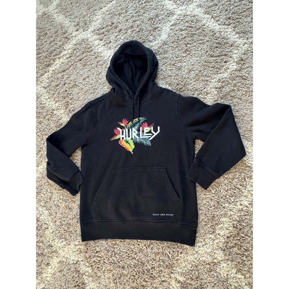 Hurley Mens Small Black Tropical Floral Logo Pullover Hoodie Sweatshirt Surfwear - Picture 6 of 6